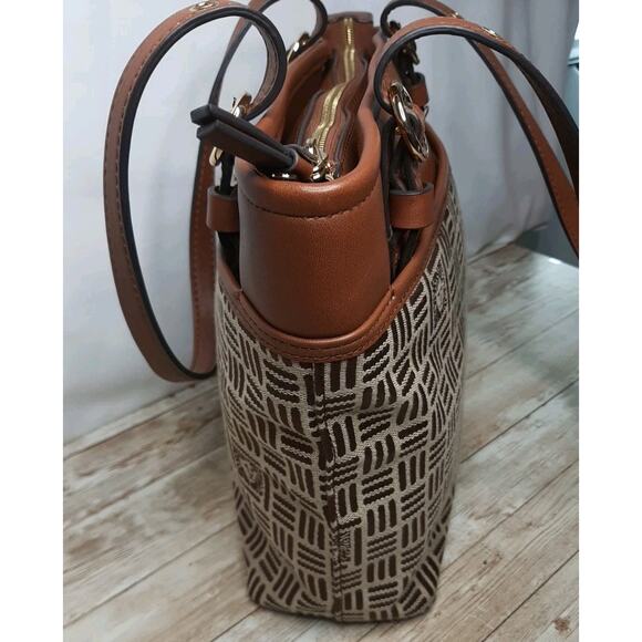 Anne Klein Tote Bag Handbag Purse Zip Top Brown/Tan Vegan Leather Canvas - Picture 6 of 15